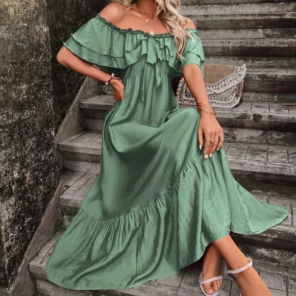 Green Boho Womens Off Shoulder Ruffle Trim Tie Front Ruffle Hem Dress - Picture 5 of 5